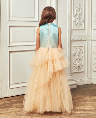 裸色网纱淡蓝色渐变缎面蕾丝钉珠细节长裙公主裙