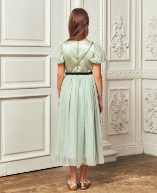 薄荷绿蕾丝网纱泡泡袖礼服长裙公主裙