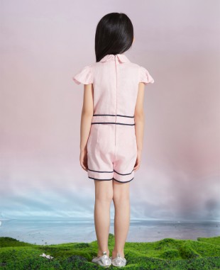 深蓝色织带细节粉色棉麻连体裤