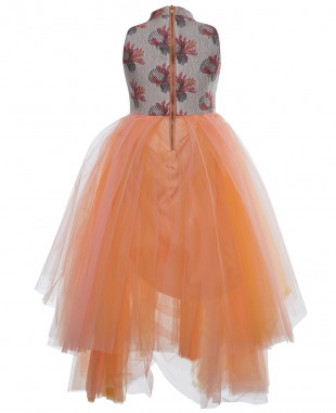  橙色贝壳层叠式薄纱连衣裙无袖长裙