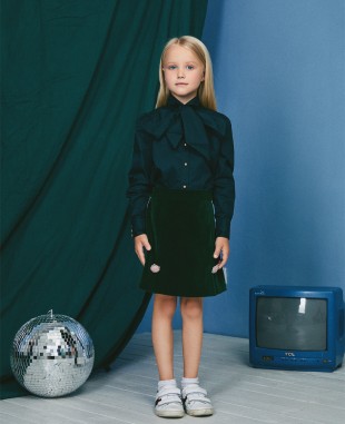 墨绿色大蝴蝶结棉衬衣