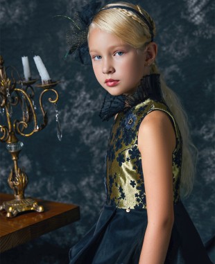 黑金提花高领无袖礼服长裙公主裙