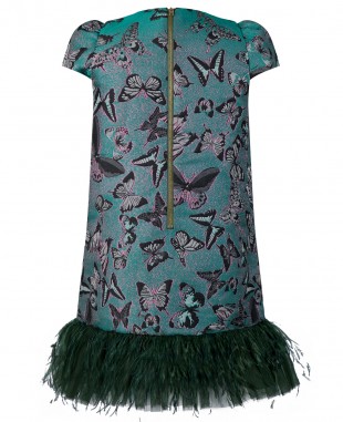 翡翠绿提花羽毛礼服舞会裙