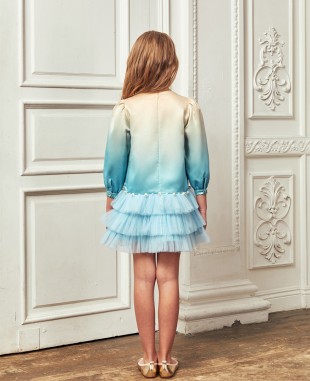 蓝色裸色渐变缎面钉珠细节长袖短裙礼服裙