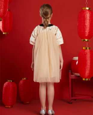 杏色压褶网纱公主短裙连衣裙