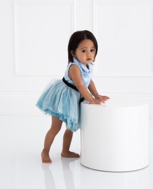 婴儿款蓝色缎面蝴蝶细节网纱公主裙连衣裙