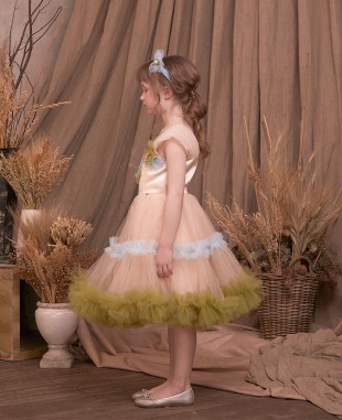 绿色和蓝色花朵网纱公主裙连衣裙