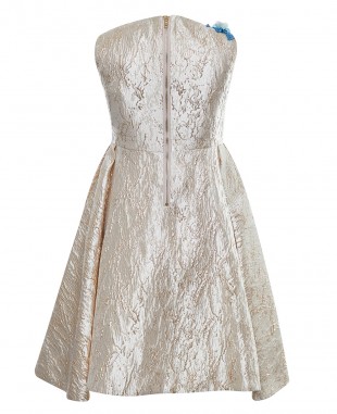 金色提花蓝色蕾丝细节无袖裙公主裙