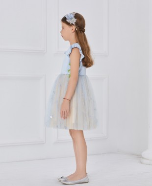 淡蓝色缎面芭蕾舞刺绣绿色绒带细节短裙公主裙