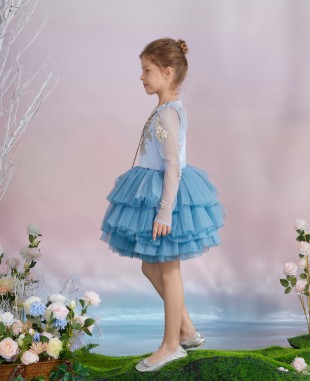 蓝色蕾丝花朵刺绣细节网纱公主短裙礼服裙