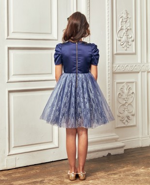 深蓝色压褶袖子蕾丝网纱公主裙礼服裙