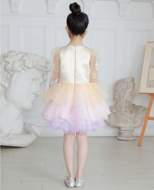 粉紫色网纱渐变蕾丝长袖礼服短裙公主裙