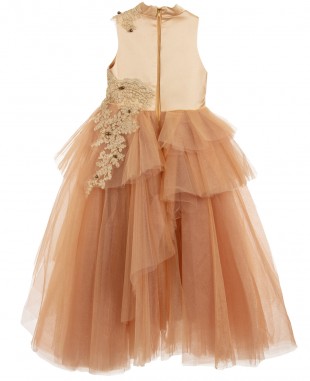 金色蕾丝网纱无袖连衣裙舞会礼服