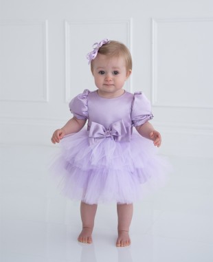 淡紫色蝴蝶结泡泡袖婴儿网纱礼服裙公主裙