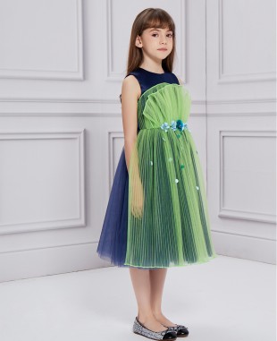 午夜蓝配亮绿色扇形网纱钉珠连衣裙公主裙