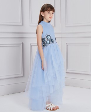 淡蓝色蕾丝花长款网纱礼服裙公主裙