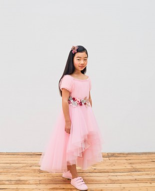 花朵钉珠粉色网纱裙无袖优雅婚礼花童裙